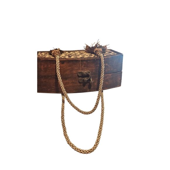 Vintage Wooden Leopard Print Box Purse W/ Braided Handles & Tassels Unique Desig - Picture 4 of 12